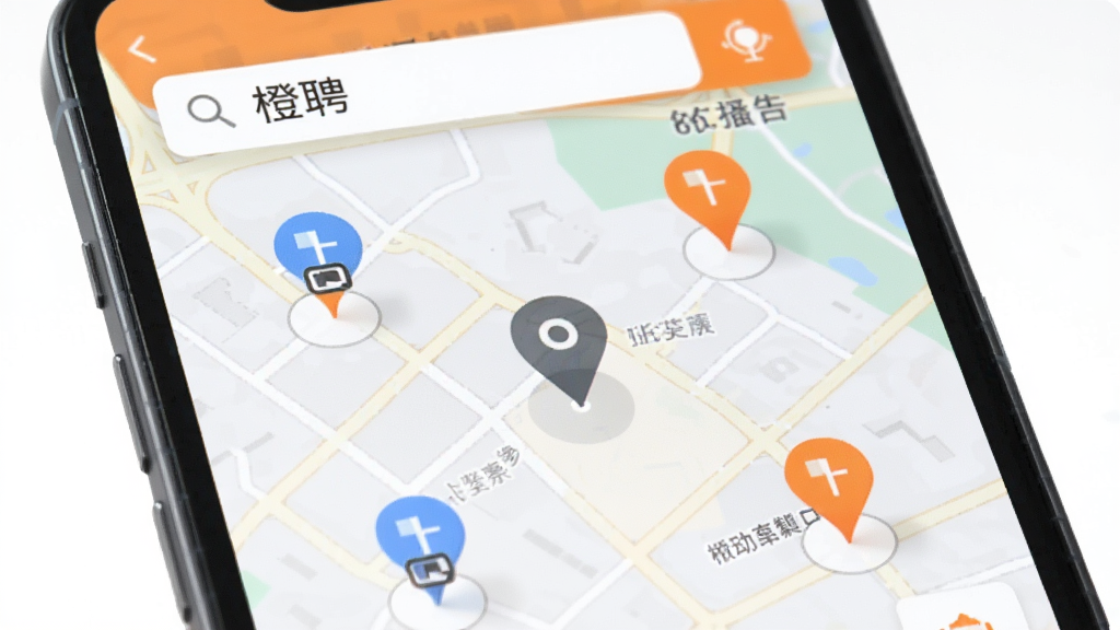 手机地图界面显示多个职位标记点,地图中央有定位图标,屏幕上方显示