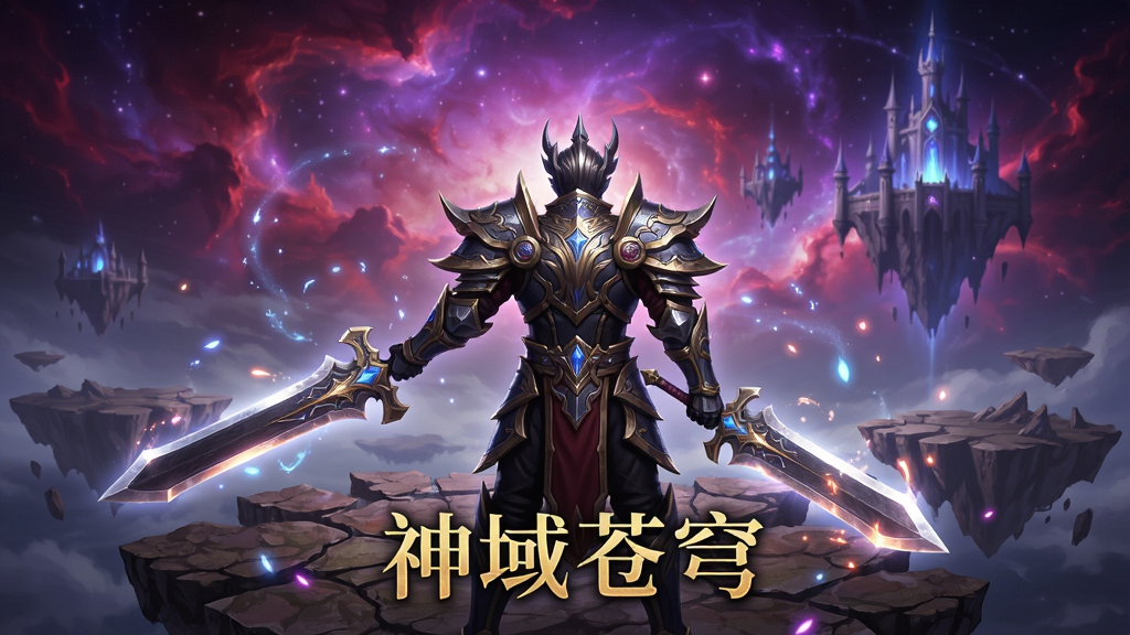 主体为一位身穿华丽铠甲手持发光大剑的战士背影矗立在漂浮的破碎大陆上,背景是绚丽的紫红色星云和远处悬浮的魔法城堡,布局采用中心构图突出人物,排版上人物占据画面下半部分天空占据上半部分,风格为韩系魔幻MMO宣传画风格,细节包括铠甲上的纹路、剑刃的光晕、飘散的魔法粒子,画质为4K高清、干净、无多余元素,画面中下方用金色字体写