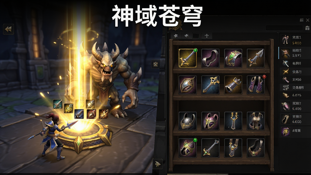 主体为游戏内交易行界面与掉落光柱的合成画面,布局左侧为角色击杀Boss掉落金色光柱的瞬间右侧为交易行货架陈列装备,排版采用左右对比方式,风格为游戏UI展示风格,细节包括光柱特效、装备图标、交易行列表,画质为高清、干净、无多余元素,画面顶部用白色字体写