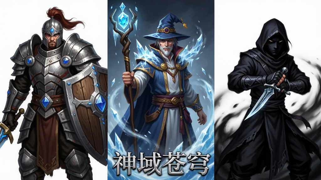 主体为三个不同职业的角色并排站立,左侧战士身穿重甲手持盾牌,中间法师手持法杖周身环绕冰霜,右侧刺客双持匕首隐现于暗影中,布局采用横向排列,排版上三人各占画面三分之一区域,风格为韩系魔幻角色立绘风格,细节包括铠甲纹理、法杖宝石、匕首寒光,画质为4K高清、干净、无多余元素,画面底部用银色字体写