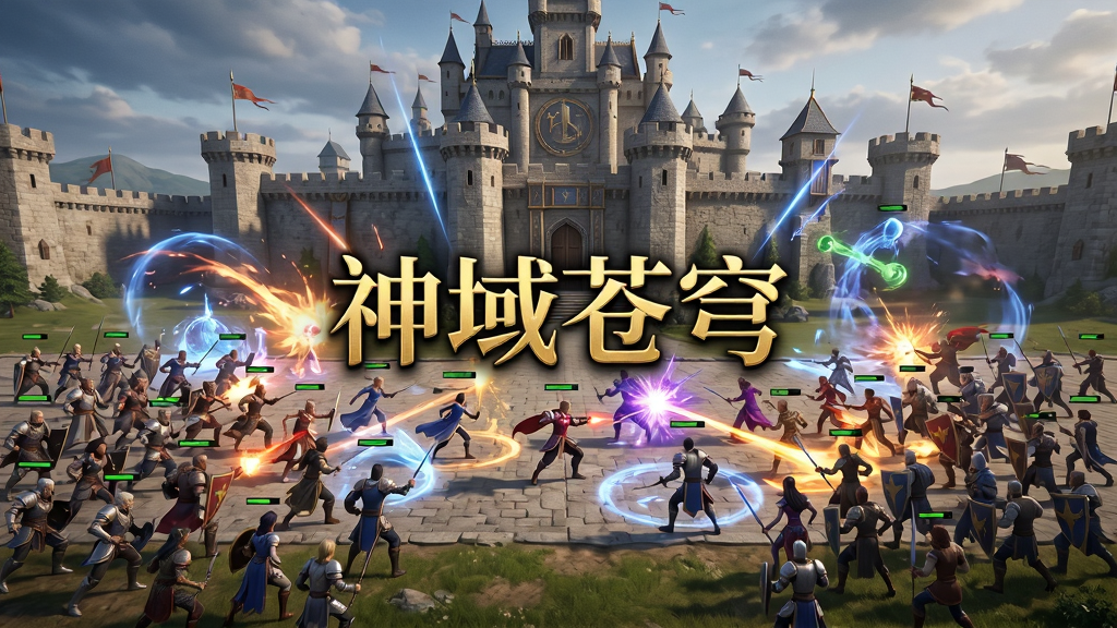 主体为大规模团战场景,数十名玩家在城堡前激烈交战,技能特效铺满屏幕,布局采用广角俯瞰视角,排版上城堡位于画面中央双方阵营从左右两侧冲锋,风格为魔幻战争史诗风格,细节包括技能光效、角色动作、城堡建筑,画质为高清、干净、无多余元素,画面中央用金色字体写