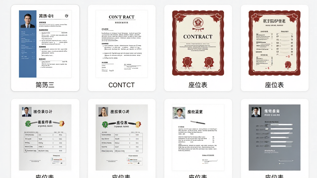Word模板软件中展示多个文档模板缩略图的界面截图,画面中整齐排列着简历、合同、奖状、座位表等模板预览卡片,每张卡片上有对应的文档缩略图和名称标签,整体布局清晰,配色柔和,风格简约现代,画质干净高清