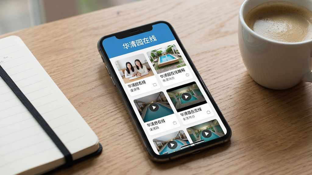 一张展示华清园在线软件主界面的图片,画面中央是一部智能手机,手机屏幕上显示着华清园在线APP的课程列表页面,页面顶部有