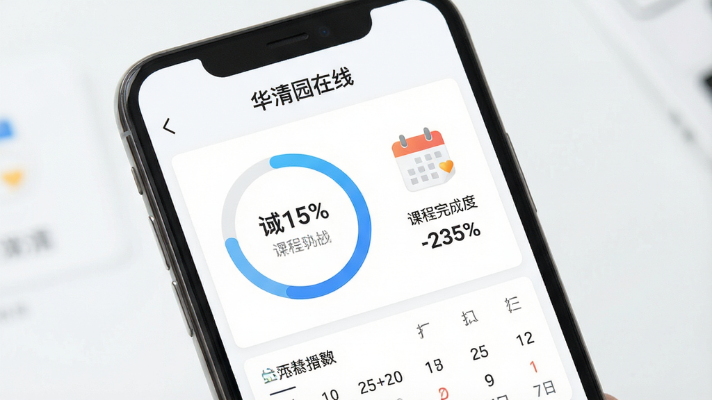 一张展示华清园在线学习进度跟踪功能的图片,画面中一部智能手机竖屏显示学习进度页面,页面顶部有