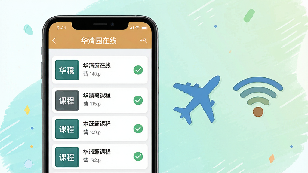 一张展示华清园在线离线缓存功能的图片,画面中一部手机屏幕显示下载管理页面,页面上有