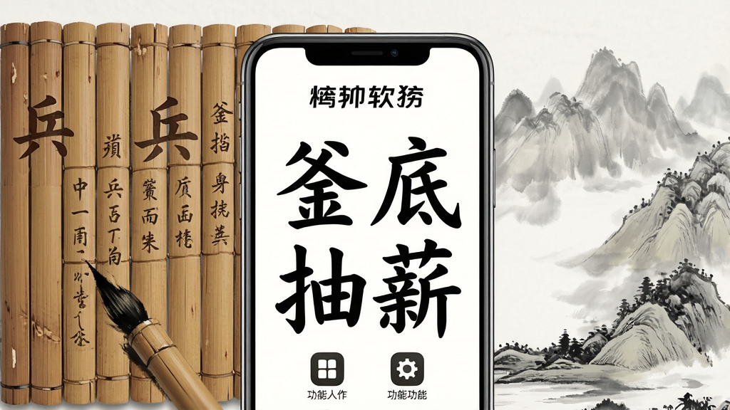 画面中央放置一部智能手机,手机屏幕显示“釜底抽薪”四个大字,背景为古代兵法竹简与水墨山水元素融合,主体突出手机与文字,布局采用居中对称构图,排版上方为软件名称下方为功能图标,风格为中国风水墨与现代科技结合,细节包含竹简纹理、毛笔笔触、淡墨晕染,画质高清干净无多余元素