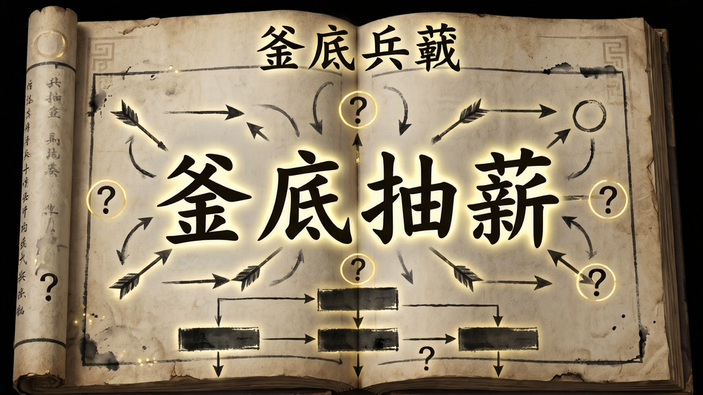 画面主体为一本展开的古代兵书,书页上浮现出“釜底抽薪”四个发光大字,周围环绕着箭头、圆圈、问号等逻辑推演符号,布局为兵书居中占画面主体,排版上方为标题下方为推演流程图,风格为古典与现代信息图结合,细节包含纸张纹理、墨迹边缘、淡金色光晕,画质高清干净无多余元素