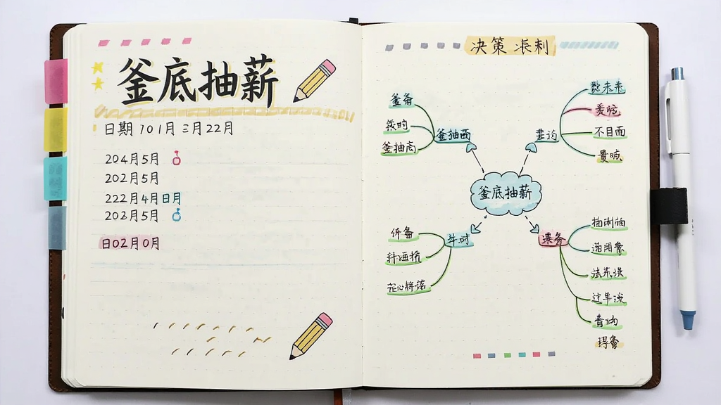 画面为一本翻开的笔记本,左侧页面显示“釜底抽薪”标题和日期记录,右侧页面显示思维导图式的决策路径,主体为笔记本居中,布局采用左右对称排版,风格为清新手账风,细节包含横线纸纹、彩色标签、手写字体、铅笔图标,画质高清干净无多余元素