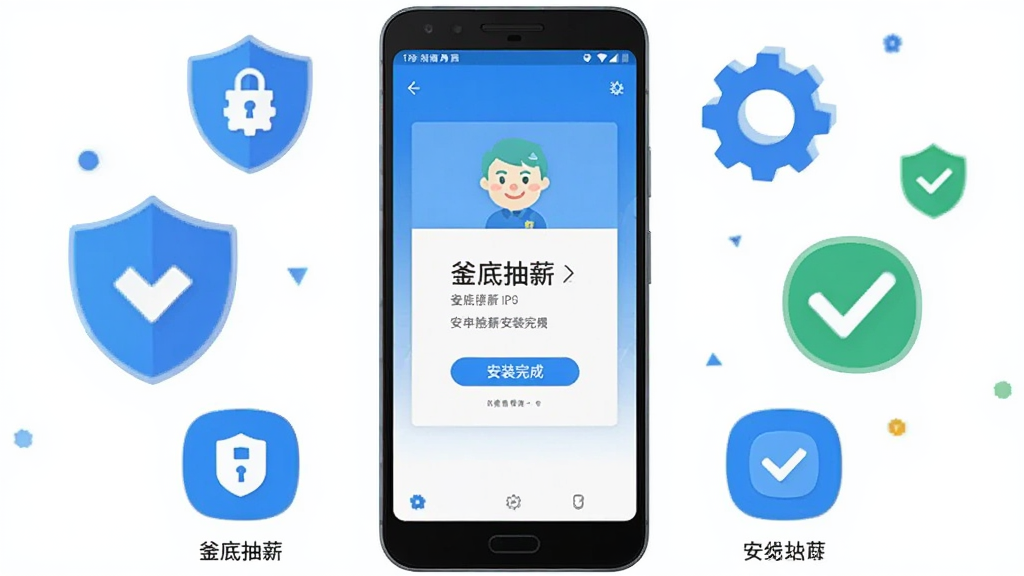 画面为一部安卓手机屏幕显示“釜底抽薪”安装完成界面,手机周围环绕盾牌、齿轮、对勾等安全与设置图标,主体为手机居中,布局采用上下结构上方为手机下方为图标说明,风格为扁平化科技风,细节包含蓝色主色调、圆角图标、清晰文字标注,画质高清干净无多余元素