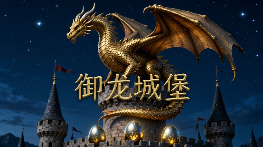 画面中央是一条盘旋在城堡塔楼顶端的金色巨龙,龙身鳞片细节清晰,双翼半展,龙头朝向画面左侧,城堡背景为深蓝色夜空与星辰,画面下方排列着三颗发光的龙蛋,整体采用奇幻写实风格,色彩对比鲜明,画质高清,画面干净,无多余元素,图片中央用金色字体写着“御龙城堡”