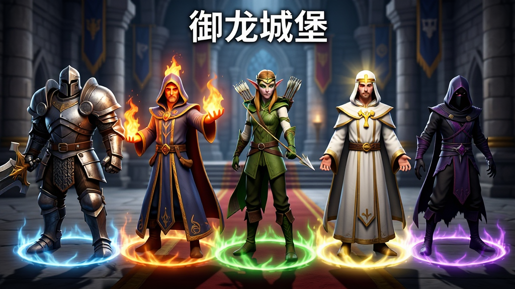 画面展示五位风格各异的英雄角色并排站立,从左到右依次是重甲战士、火焰法师、精灵射手、圣光牧师与暗影刺客,每位英雄脚下有对应职业的光环特效,背景为宏伟的城堡大厅,整体采用高精度3D渲染风格,光影层次分明,画质高清,画面干净,无多余元素,图片顶部中央用白色字体写着“御龙城堡”