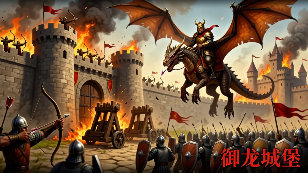 画面描绘一场激烈的城堡攻防战,城墙上有弓箭手放箭,城门外有攻城车撞击大门,画面中央一位骑乘巨龙的城主从天而降,下方士兵手持盾牌列阵,背景为燃烧的城堡与浓烟,整体采用史诗战争风格,色彩浓烈,画质高清,画面干净,无多余元素,图片右下角用红色字体写着“御龙城堡”