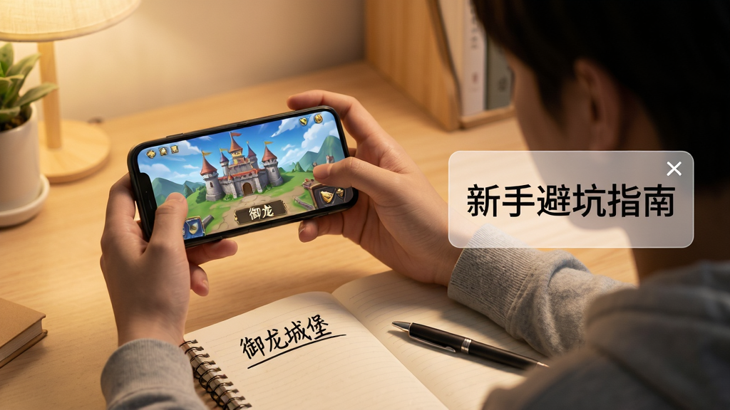 画面展示一位新手玩家坐在书桌前手持手机,手机屏幕上显示御龙城堡的游戏界面,桌面上放着笔记本和笔,笔记本上写着“御龙城堡”几个字,画面右侧有一个半透明的提示框写着“新手避坑指南”,整体采用温馨的室内场景风格,光线柔和,画质高清,画面干净,无多余元素