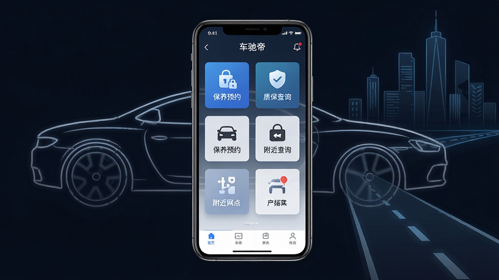 车驰帝软件主界面全貌展示,画面中央放置一部智能手机,屏幕内呈现车驰帝APP的首页布局,包含保养预约、质保查询、附近网点等功能入口图标,背景为简洁的汽车轮廓线条与城市道路元素,主体突出、布局居中、排版整齐、风格现代科技感、细节清晰、画质高清、干净无多余元素