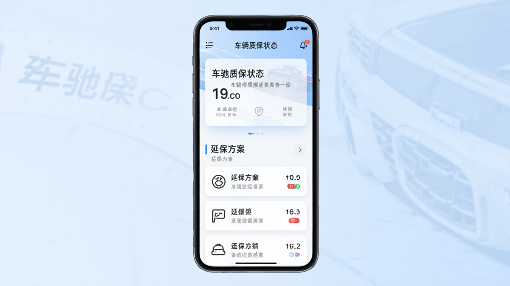 车驰帝质保延保服务查询界面示意图,手机屏幕内显示车辆质保状态卡片与延保方案列表,背景为浅蓝色渐变,布局上下结构清晰,风格清爽商务,细节到位、画质高清、干净无多余元素