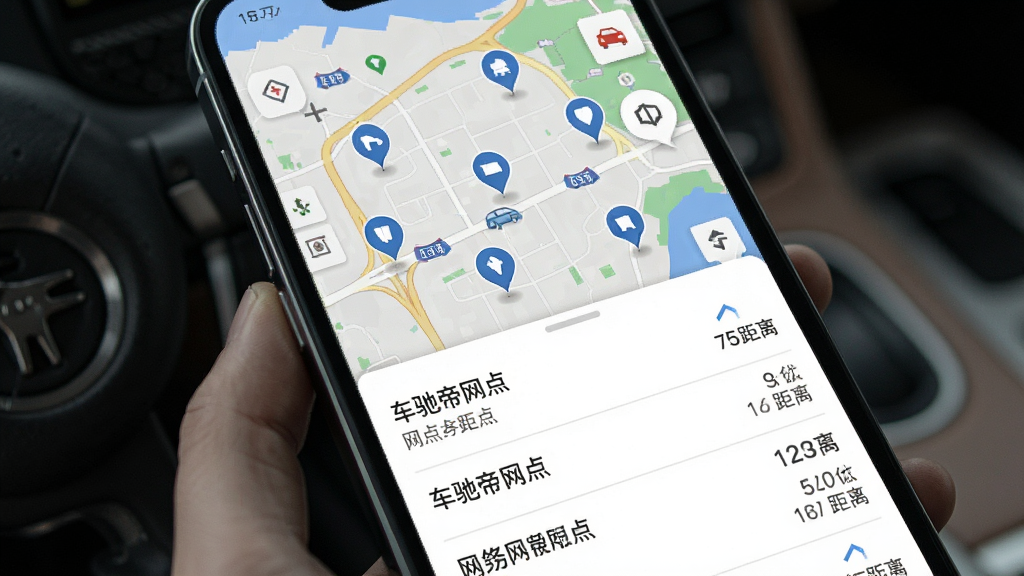 车驰帝附近网点智能推荐功能展示图,手机屏幕内显示地图与网点列表,地图上标注多个服务网点位置图标,下方列表展示网点名称与距离,布局上下结构、排版清晰、风格实用简洁、细节丰富、画质高清、干净无多余元素