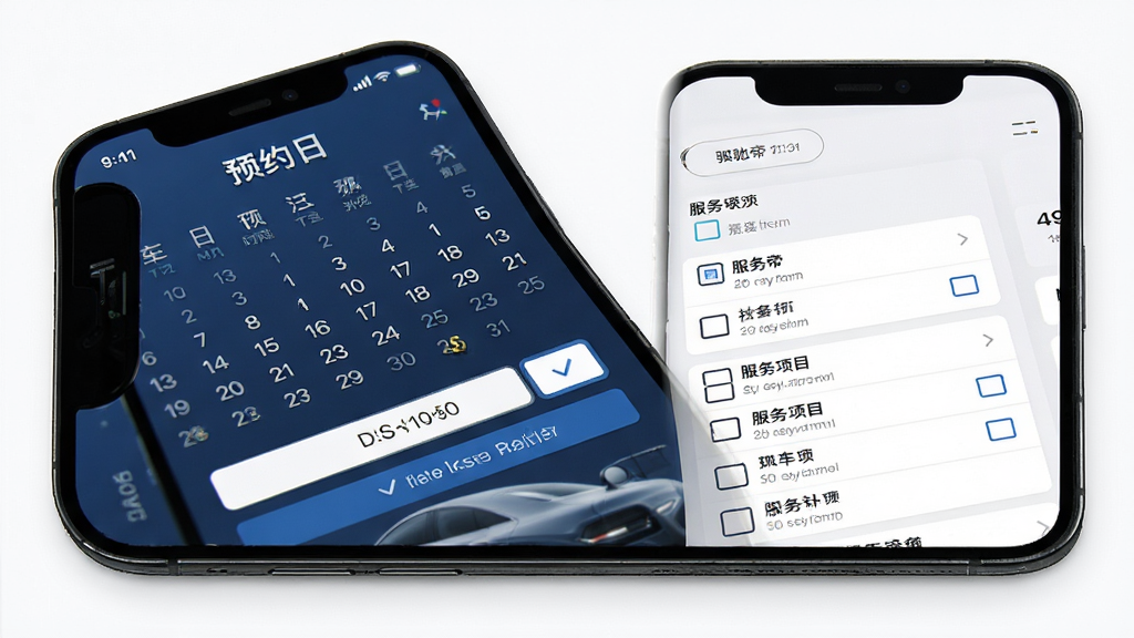 车驰帝保养预约在线办理操作界面,手机屏幕内显示预约日历与时间段选择、服务项目勾选列表,布局简洁明了、风格现代实用、细节清晰、画质高清、干净无多余元素