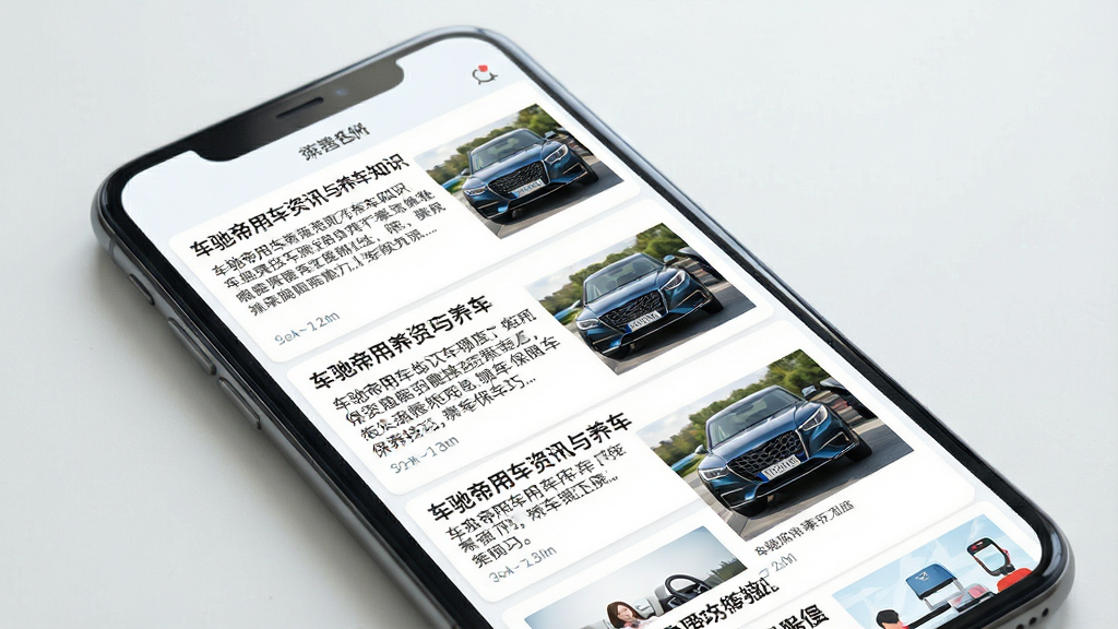 车驰帝用车资讯与养车知识内容页面展示,手机屏幕内呈现文章列表与图文混排内容,包含汽车保养技巧标题与配图,布局上下滚动结构、风格清新阅读感、细节清晰、画质高清、干净无多余元素