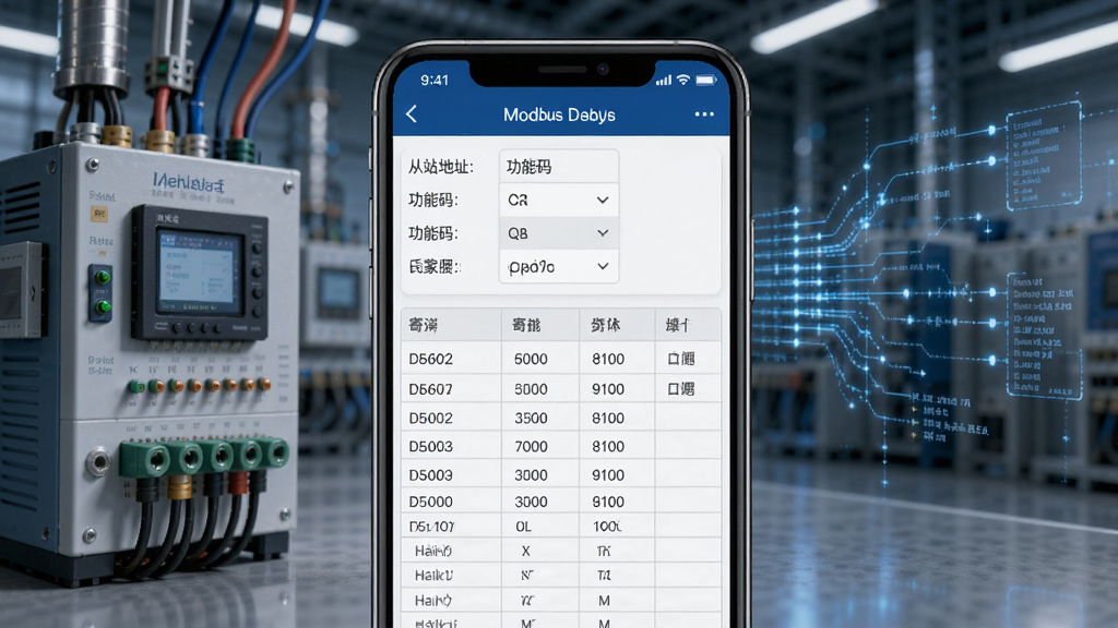 һ��չʾ����ȫ����Modbus���Թ��ܵ�ͼƬ���ֻ���Ļ��ʾModbus���Խ��棬�д�վ��ַ��������ѡ�񡢼Ĵ������ݱ��񣬱����ǹ�ҵ�Զ����豸��������ʾ��ͼ�����Ϊ��ҵ�Ƽ��磬ϸ�����������ʸ��壬�ɾ�������Ԫ�ء�
