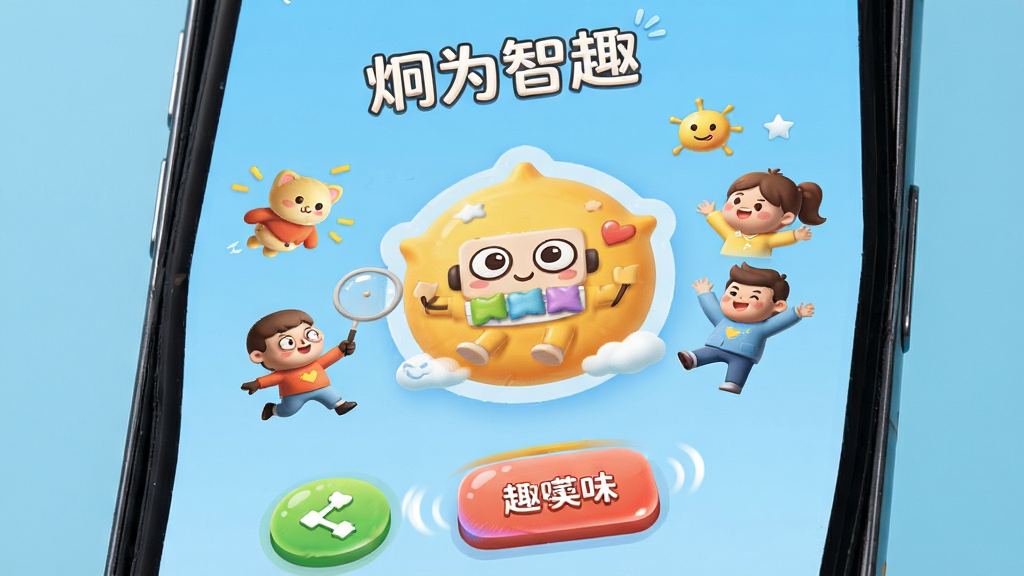 手机屏幕特写,显示“炯为智趣”趣味互动模块界面,画面中有卡通风格的互动元素和动态按钮,色彩明快活泼,布局居中,背景为纯色浅蓝,风格轻松有趣,细节丰富,高清画质,无多余装饰。