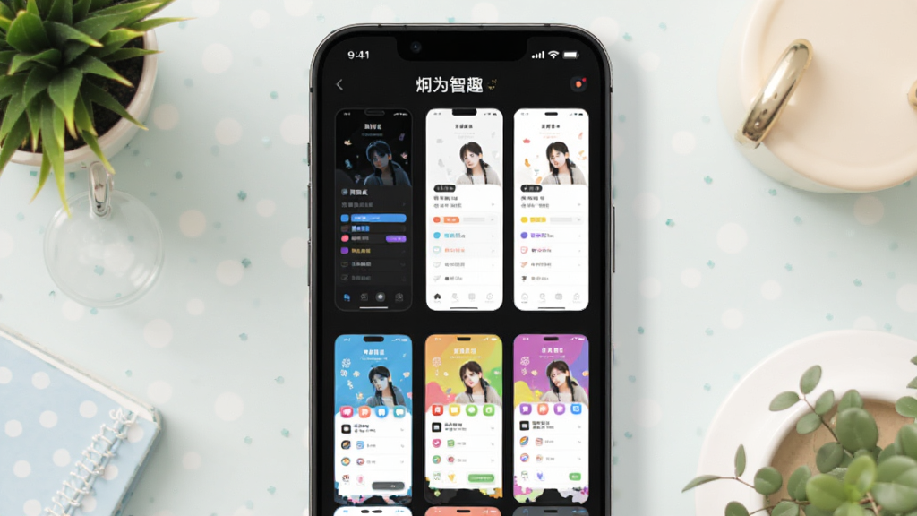展示“炯为智趣”应用内主题切换界面,屏幕中排列多款不同配色与风格的界面预览图,有深色模式、浅色模式、彩色主题等,手机周围有少量装饰元素,整体风格清新,画质干净,构图平衡。