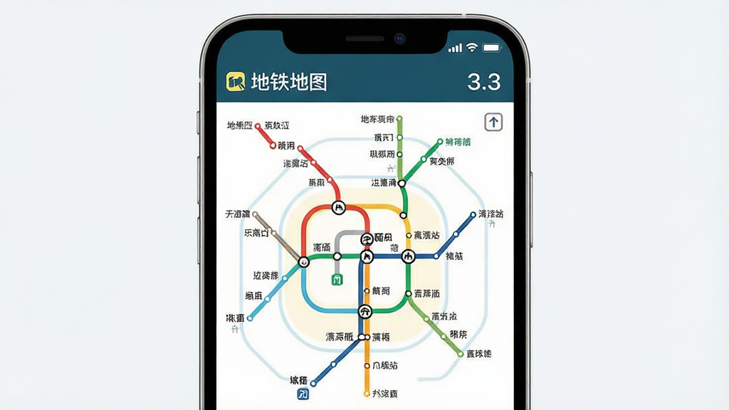一张干净整洁的现代城市地铁线路图展示在智能手机屏幕上,主体为手机界面截图,布局居中,排版清晰展示彩色地铁线路与站点名称,风格为扁平化科技风,细节包含换乘图标与当前站高亮标记,画面中文字显示“地铁地图”与“3.3”,画质高清,干净无多余元素