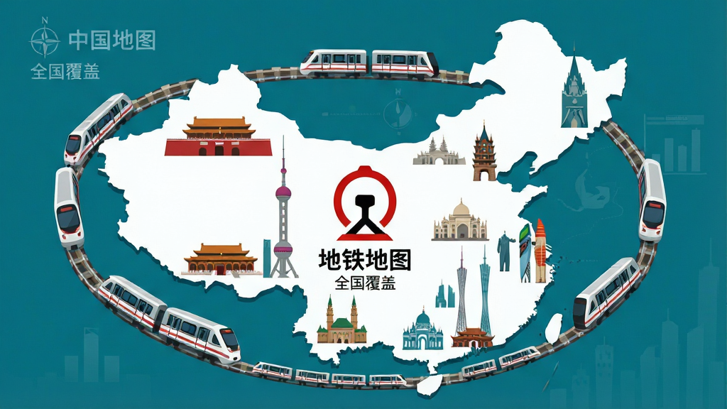 一张展示中国地图轮廓的插画,主体为多个城市地标建筑与地铁列车环绕,布局为环绕式构图,排版突出中心的地铁标志,风格为现代扁平矢量风,细节包含北京天安门、上海东方明珠、广州塔等剪影,画面中文字标注“地铁地图”与“全国覆盖”,画质清晰,干净无多余元素