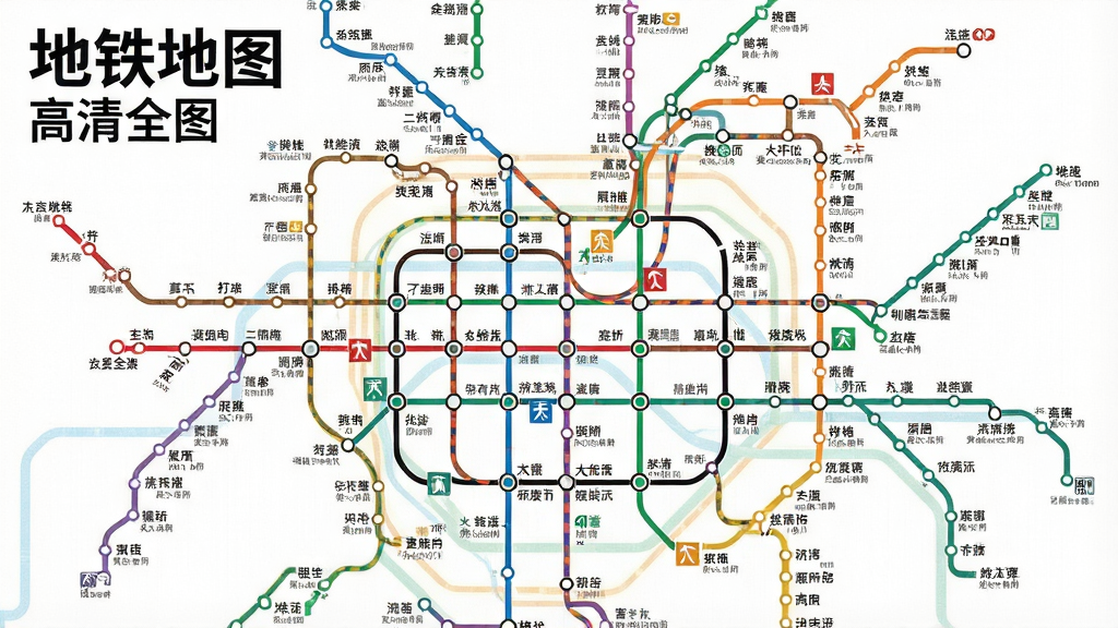 一张高清地铁线路全图特写,主体为密集交织的彩色地铁线路与站点圆点,布局为满屏展示,排版疏密有致,风格为简洁信息图表风,细节包含清晰的站点名称与换乘标识,画面中文字显示“地铁地图”与“高清全图”,画质锐利,干净无多余元素