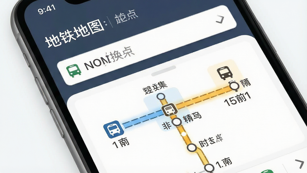 一张展示智能手机界面规划地铁换乘路线的图片,主体为屏幕上的起点终点输入框与高亮换乘路径,布局为上下结构,排版简洁,风格为移动应用UI设计风,细节包含换乘站图标与时间预估数字,画面中文字显示“地铁地图”与“智能换乘”,画质高清,干净无多余元素