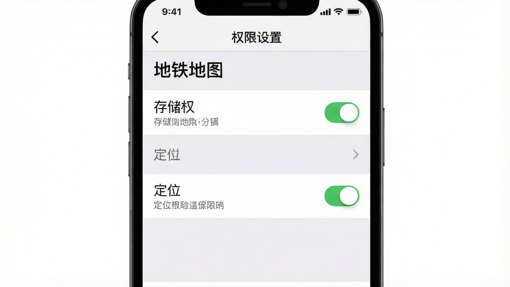 一张展示手机设置界面的截图,主体为权限管理页面,布局为列表形式,排版清晰,风格为移动系统UI风,细节包含存储权限与定位权限开关,画面中文字显示“地铁地图”与“权限设置”,画质清晰,干净无多余元素