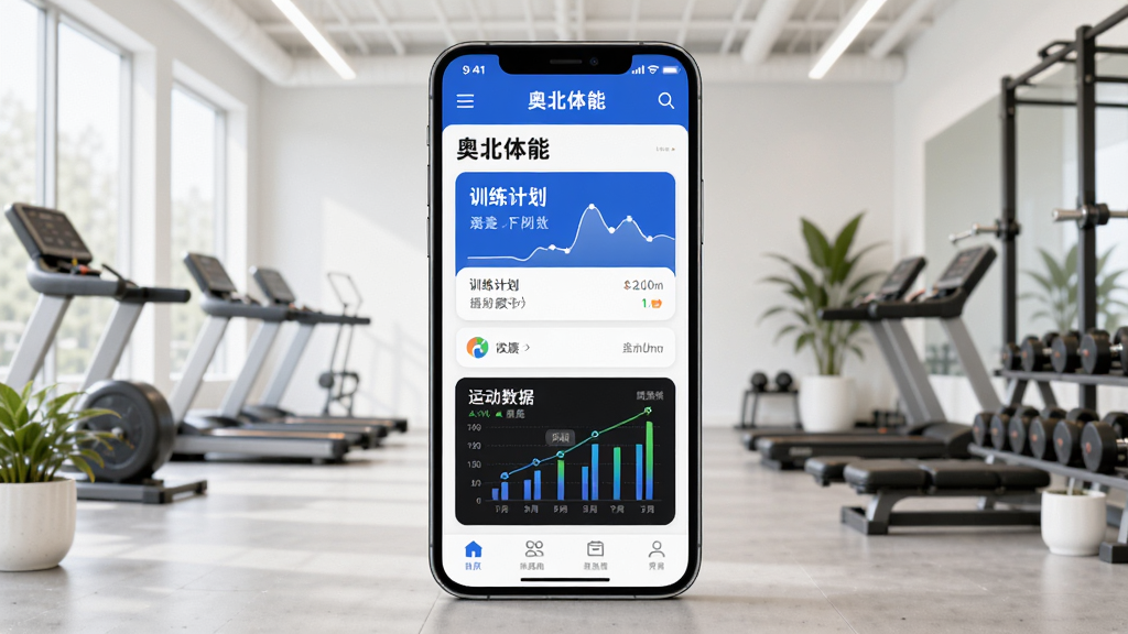 奥北体能手机应用主界面展示,画面中央是一部智能手机,屏幕上显示奥北体能APP的首页,包含训练计划卡片和运动数据图表,背景是明亮的健身房环境,风格为现代简约科技感,细节包括运动器材和绿色植物点缀,画质清晰干净,无多余元素