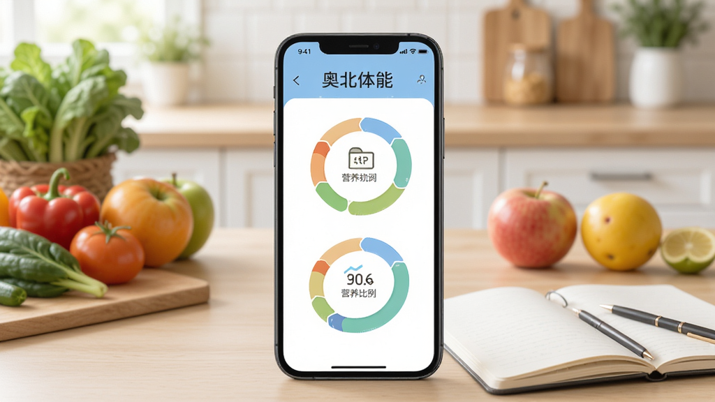 奥北体能APP健康饮食建议页面,手机屏幕上显示食物图标和营养比例圆环图,背景为清新厨房场景,细节包括蔬菜水果和笔记本,风格柔和明亮,画质清晰干净,无多余元素