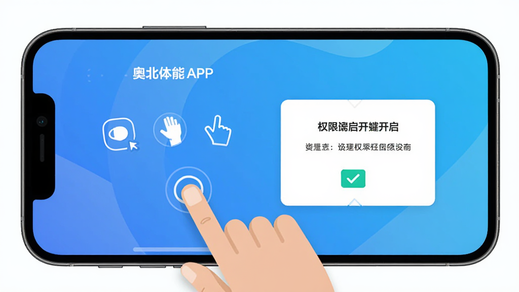 奥北体能APP新手引导页面,手机屏幕显示设置向导和权限开启提示,背景为简洁的蓝色渐变,细节包括手指点击图标和勾选框,风格扁平化设计,画质清晰干净,无多余元素