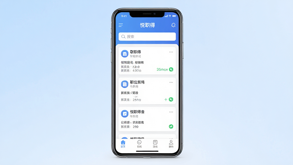 一幅手机应用界面展示图,画面中央是一部智能手机,屏幕上显示“悦职得”APP的主页,顶部有搜索栏,中间是职位卡片列表,底部有导航栏,整体布局简洁清晰,背景为浅蓝色渐变,风格现代商务,细节包括职位卡片上的公司名称和薪资范围,画质高清,干净,无多余元素
