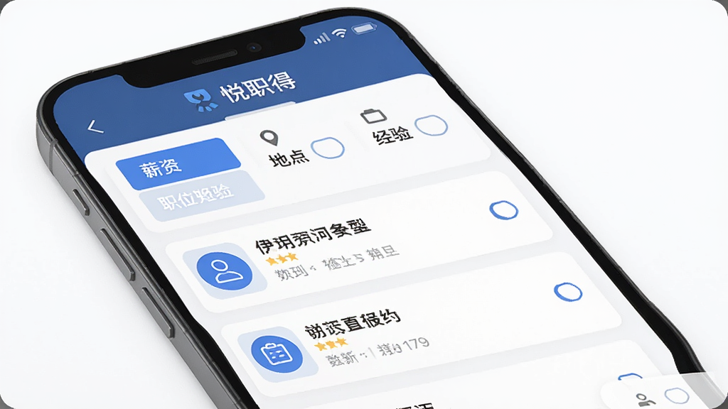 画面主体是一部手机,屏幕显示“悦职得”的职位筛选界面,上方有薪资、地点、经验等筛选按钮,下方是筛选后的职位列表,布局为上下结构,风格为扁平化商务风,细节包括筛选按钮的选中状态和职位卡片的图标,画质清晰,干净,无多余元素