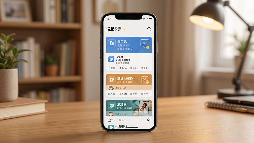 一部手机放置在桌面上,屏幕显示“悦职得”的课程推荐页面,页面中有岗位信息卡片和培训课程卡片交替排列,背景是书房环境,风格温馨实用,细节包括屏幕上的图标和文字排版,画质高清,干净,无多余元素