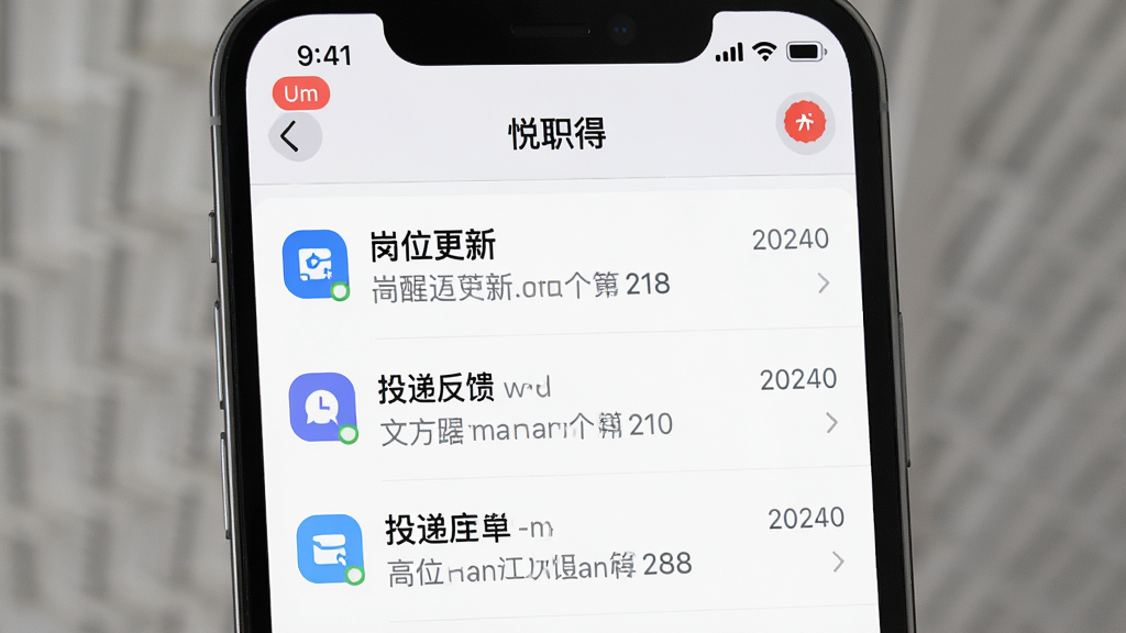 手机界面截图,显示“悦职得”的消息通知中心,列表中有多条通知消息,包括岗位更新提醒和投递反馈,顶部有未读标记,布局为列表式,风格为清爽浅色,细节包括消息图标和时间戳,画质高清,干净,无多余元素