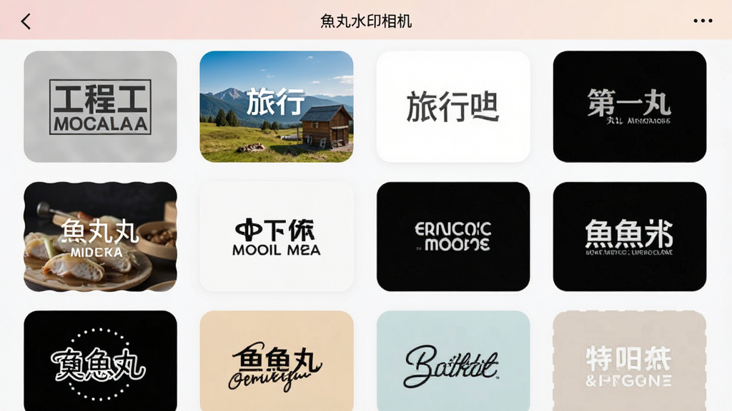 鱼丸水印相机模板选择页面,屏幕上排列着多款不同风格的水印模板缩略图,包含工程风、旅行风、简约风等,界面配色柔和,排版整齐,画质清晰,干净无多余元素