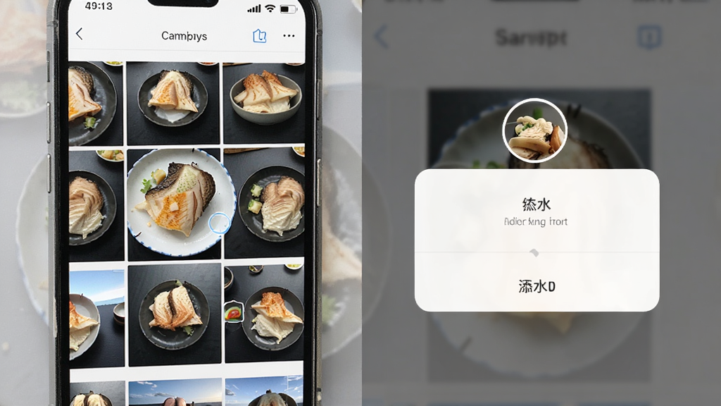鱼丸水印相机相册导入功能界面,屏幕展示手机相册照片列表,用户选中一张照片后弹出添加水印的选项,界面简洁,风格现代,画质清晰,干净无多余元素