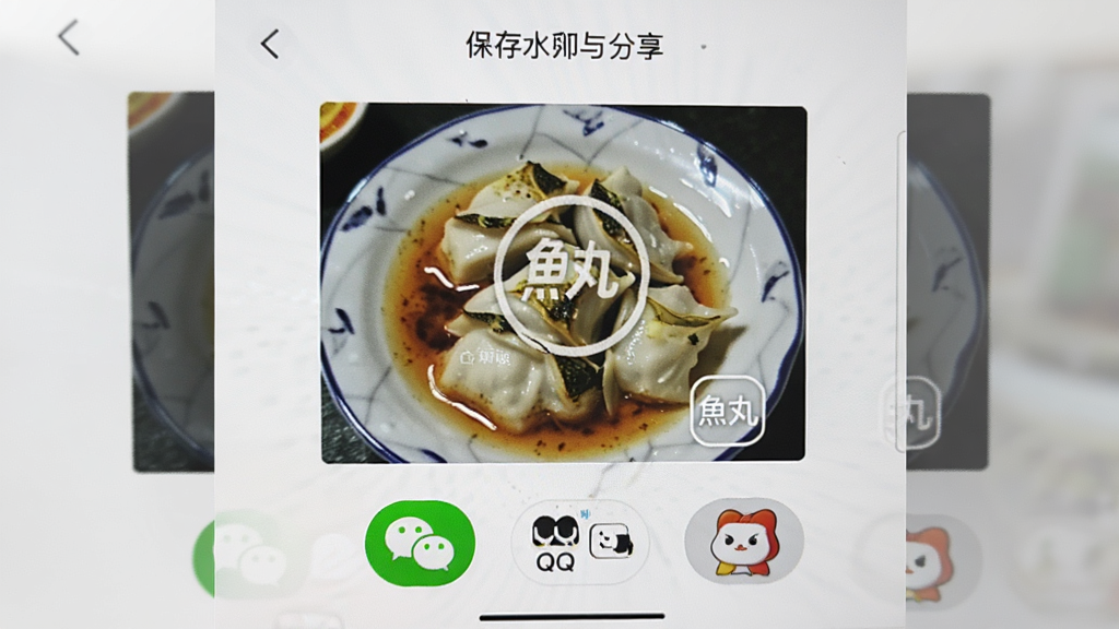 鱼丸水印相机照片保存与分享界面,屏幕显示一张已添加水印的照片,下方排列微信、QQ等分享按钮,界面简洁明快,画质清晰,干净无多余元素