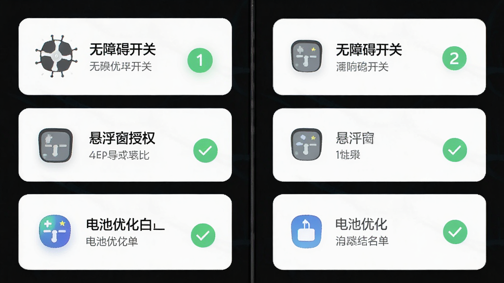 自动操作助手新手设置引导页面,画面展示手机屏幕上依次排列的权限开启步骤,包含无障碍开关、悬浮窗授权、电池优化白名单三个卡片,布局为纵向列表,排版清晰,风格为清新扁平化设计,细节包含绿色对勾和步骤序号,画质高清,干净,无多余元素