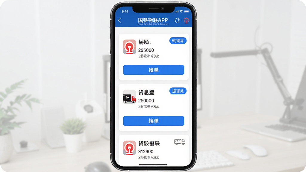 国铁物联APP货运接单界面,主体为手机屏幕展示订单列表页面,布局为手机居中放置,排版显示多个货运订单卡片,风格为商务简洁风,细节包括铁路图标、货物信息、接单按钮、蓝色高亮标签,画质清晰干净无多余元素