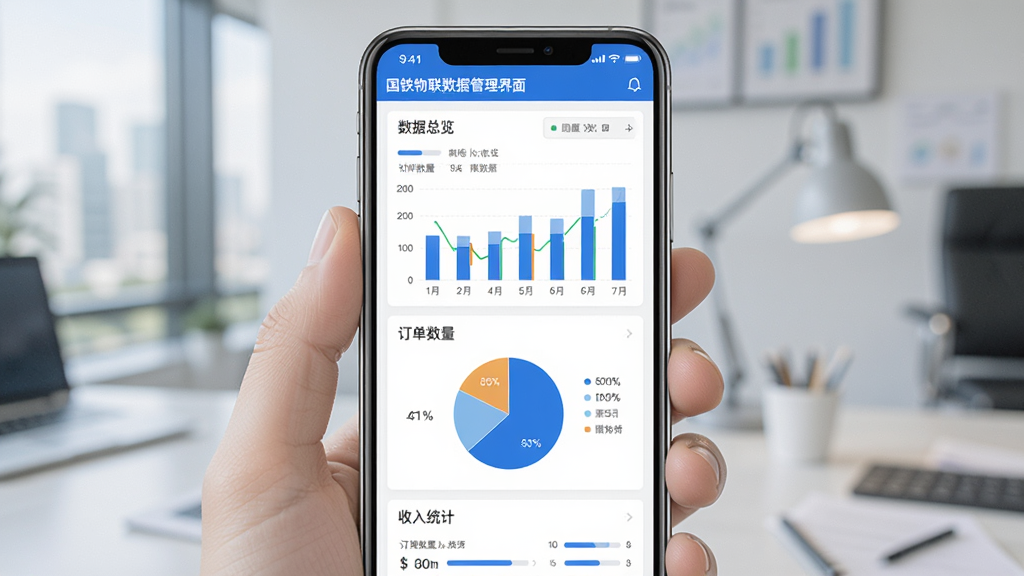 国铁物联数据管理界面,主体为手机屏幕展示数据统计图表,布局为手机居中显示,排版上方为数据总览下方为图表列表,风格为商务数据风,细节包括柱状图、饼图、订单数量、收入统计、蓝色配色,画质清晰干净无多余元素