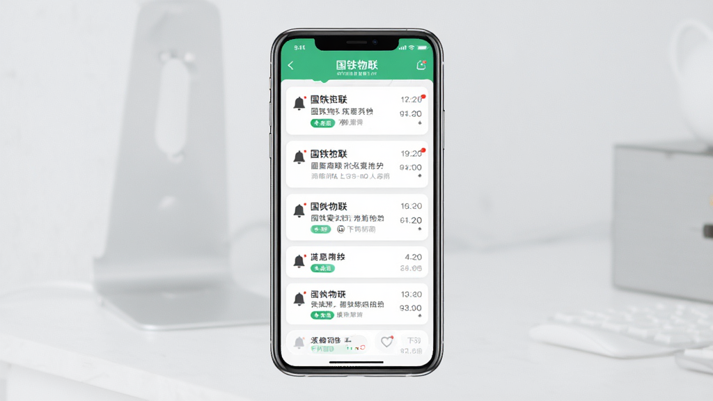 国铁物联消息通知界面,主体为手机屏幕展示消息列表页面,布局为手机居中显示,排版显示多条通知消息卡片,风格为清新简洁风,细节包括铃铛图标、消息红点、时间戳、分类标签,画质高清干净无多余元素