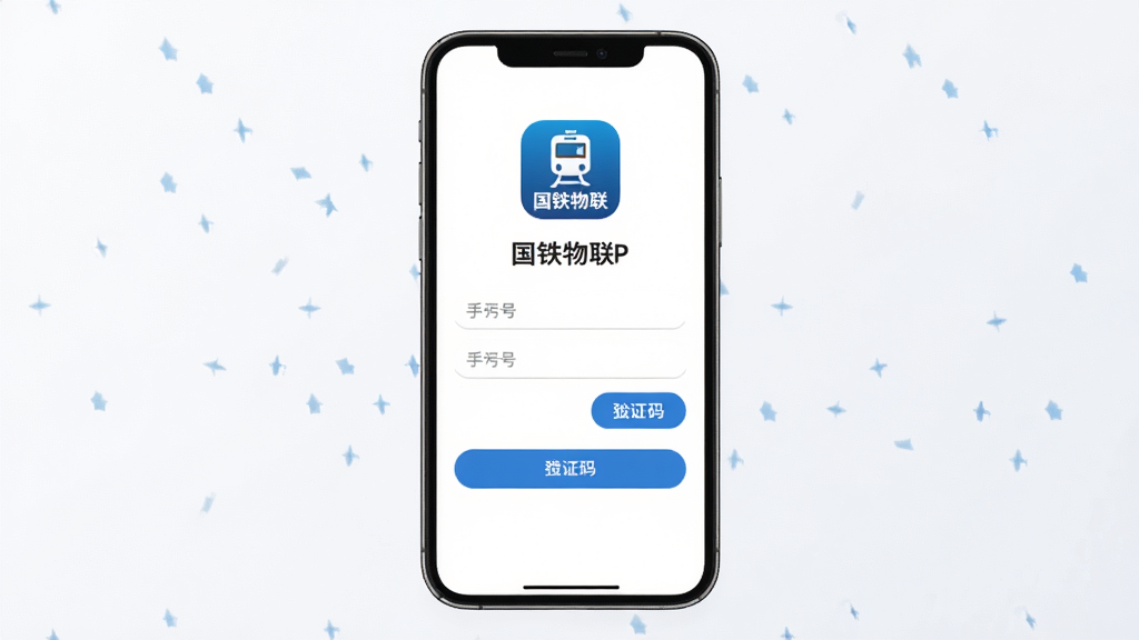 国铁物联APP安装使用场景展示,主体为手机屏幕显示APP登录注册页面,布局为手机居中搭配简洁背景,排版上方为软件图标下方为输入框和按钮,风格为清新商务风,细节包括国铁物联标识、手机号输入框、验证码按钮、蓝色主题色,画质高清干净无多余元素