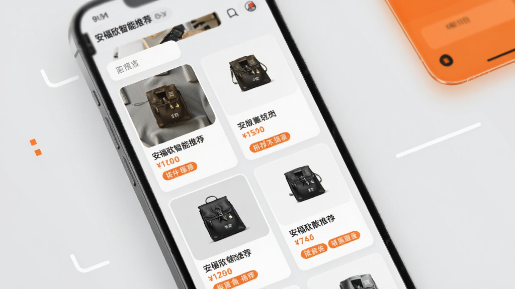 安福歆智能推荐界面,画面展示手机屏幕内多个商品卡片以瀑布流形式排列,每张卡片包含商品图、名称、价格与推荐标签,背景为浅灰色,点缀橙色高亮元素,风格现代简约,细节清晰,画质干净,无多余元素