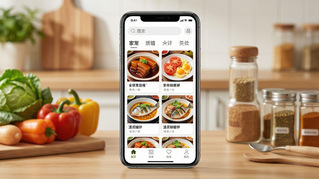 一张展示家常菜食谱手机软件主界面的图片,画面中央放置一部智能手机,屏幕中显示家常菜食谱APP的首页,顶部有搜索栏和分类标签,中部排列着红烧肉、番茄炒蛋、清蒸鲈鱼等菜品缩略图卡片,底部有导航栏。背景为温馨的厨房台面,摆放着新鲜蔬菜和调料瓶。布局采用居中对称构图,风格为清新写实的数字产品展示风格,细节包括菜品色泽诱人、界面图标清晰、光影柔和自然。画质高清,画面干净,无多余元素。