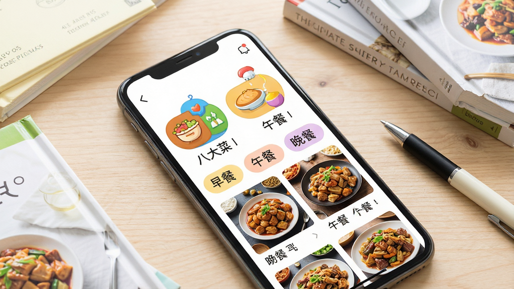 一张展示家常菜食谱APP菜谱分类页面的图片,画面主体为手机屏幕特写,屏幕中显示八大菜系图标和早餐、午餐、晚餐等场景标签,下方排列着多道菜品缩略图。背景为浅色木质桌面,旁边散落着几本食谱书和一支笔。布局采用斜角俯视构图,风格为明亮清新的美食摄影风格,细节包括图标色彩鲜艳、菜品图片清晰、界面排版整齐。画质高清,画面干净,无多余元素。