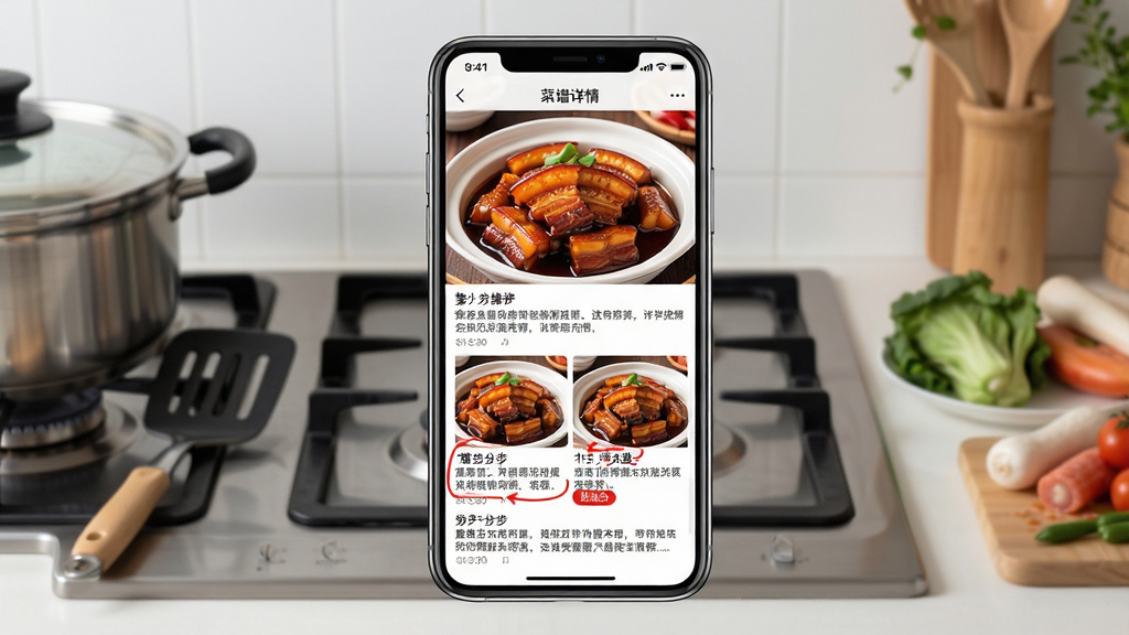 一张展示家常菜食谱APP菜谱详情页的图片,画面中央为手机屏幕,屏幕中显示一道红烧肉的图文步骤,上方是成品图,下方是分步操作图片和文字说明,关键步骤用红色标注。背景为厨房灶台,旁边摆放着锅铲和食材。布局采用正面平视构图,风格为写实烹饪教学风格,细节包括步骤图片清晰、文字排版易读、标注醒目。画质高清,画面干净,无多余元素。