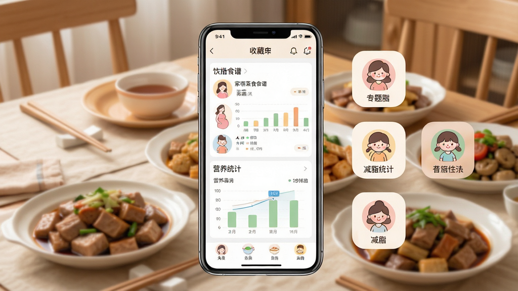 一张展示家常菜食谱APP收藏与饮食管理页面的图片,画面中央为手机屏幕,屏幕中显示收藏夹列表和营养统计图表,旁边有孕妇、儿童、减脂等专题入口。背景为温馨的家庭餐桌,摆放着几道家常菜。布局采用居中构图,风格为温暖亲切的生活化风格,细节包括图表清晰、专题图标可爱、界面配色柔和。画质高清,画面干净,无多余元素。